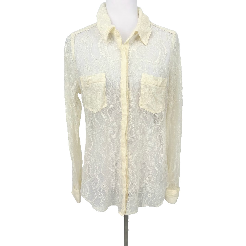 Vintage Guess Lace Button Top Sheer Cream Ivory Floral Y2K 90s Romantic Fairy L‎